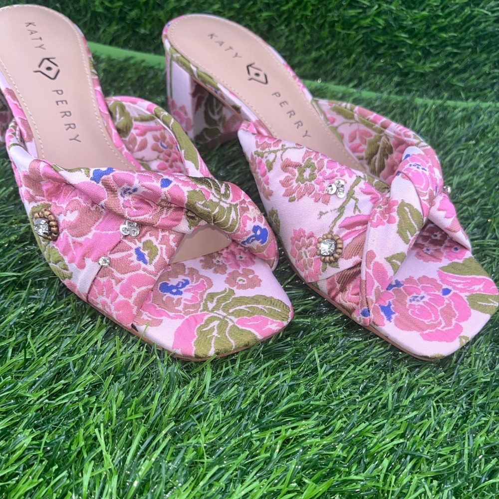 Katy Perry Pink Floral Square Toe Heeled Mules Women's Size 7M Brunch Wedding - Picture 10 of 13